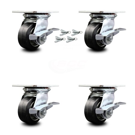 Service Caster 4 Inch Rubber on Aluminum Caster Set with Ball Bearings and Brakes/Swivel Locks SCC-35S420-RAB-SLB-BSL-4